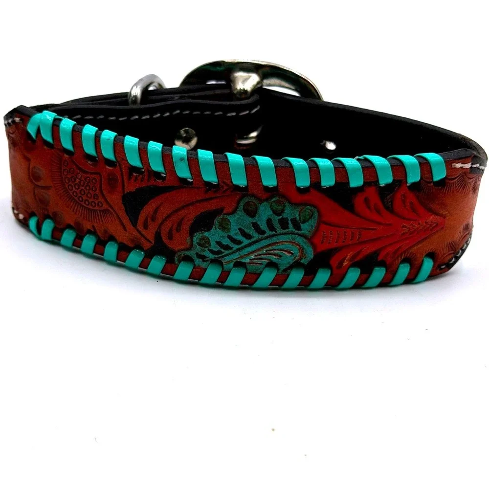 Myra Bag Full Bloom Tooled Leather Dog Collar Brown Turquoise Whipstitch Small